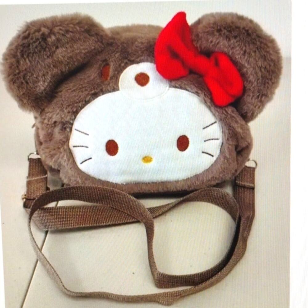 Hello Kitty Plush Faux Fur Crossbody Bag – Brown with Red Bow